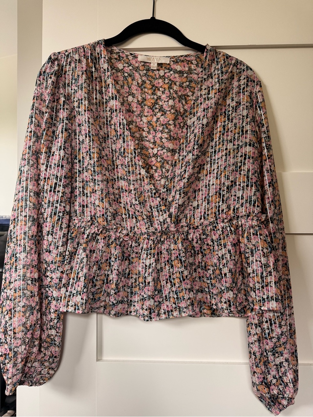 WAYF Floral V-Neck Long Sleeve Peplum Top in Pink with Metallic